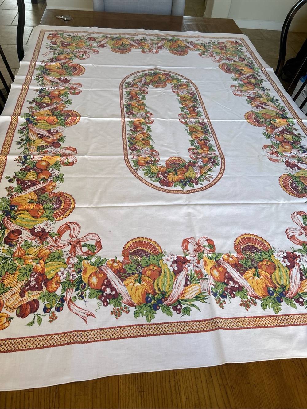 Vintage harvest fall Thanksgiving tablecloth 48 x 70 oblong Pumpkins Turkeys